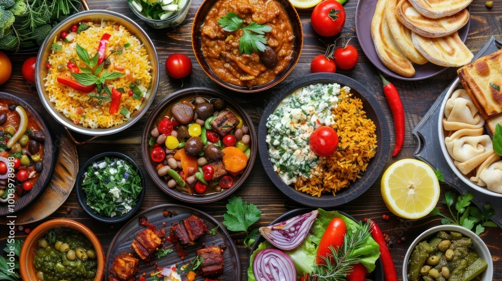 A table filled with dishes from different cultures, representing culinary diversity A table filled with dishes from different cultures, representing culinary diversity