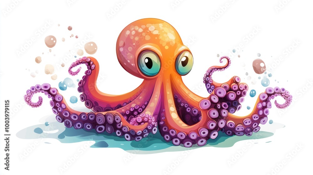 Fototapeta premium A colorful cartoon octopus with large eyes and playful tentacles.
