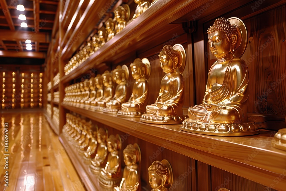 Fototapeta premium A row of gold statues of Buddhas are displayed on shelves