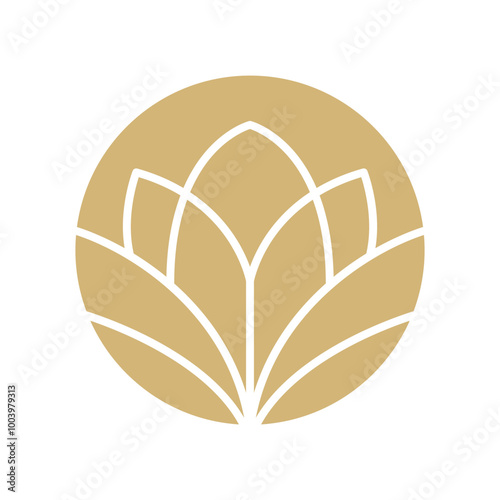 Vector simple lotus flower logo white line on beige background. Template elegant element in trendy linear style. abstract emblem for floral shops or studios, wedding florists, creators of custom