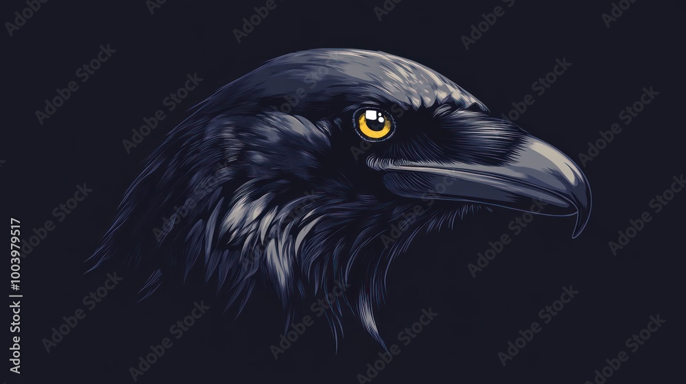 A detailed illustration of a raven's head with striking yellow eyes against a dark background. A detailed illustration of a raven's head with striking yellow eyes against a dark background.