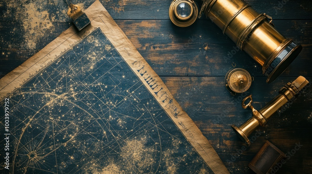 An illustrated view of an ancient star chart alongside modern astronomical tools, showcasing the evolution of stargazing An illustrated view of an ancient star chart alongside modern astronomical tools, showcasing the evolution of stargazing