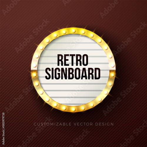 Vector Retro Signboard or Lightbox Illustration with Customizable Design on Dark Background. Light Banner or Vintage Bright Light Bulb Frame Billboard for Advertising, Show, Night Events, Cinema or