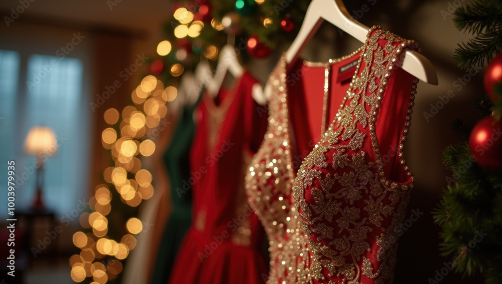 Obraz premium Elegant red dresses decorated with sequins in a festive setting