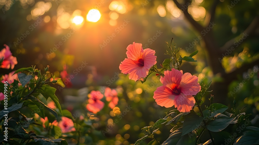 Obraz premium A sunset view of a garden filled with blooming hibiscus flowers in India