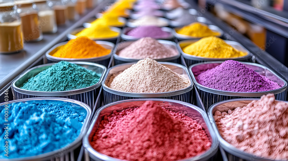 Colorful spices in various containers arranged in a vibrant display. Colorful spices in various containers arranged in a vibrant display.