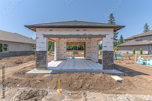 A construction site with a partially built gazebo