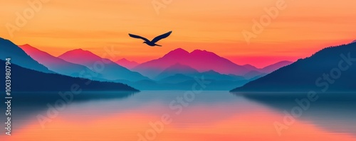 A bird flying above a river, its form blending with the river s reflection of mountains, symbolizing the harmony between nature s elements through reflective double exposure