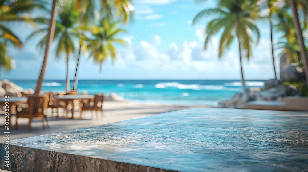 Fototapeta premium Tropical beach view with palm trees and ocean scenery, creating a tranquil and inviting atmosphere.