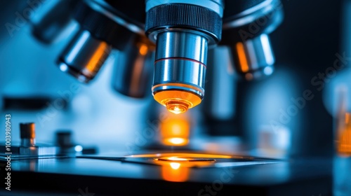 Microscope Lens Focused on a Sample with Bright Orange Light Reflecting off the Slide, Demonstrating the Precision and Accuracy of Scientific Observation.
