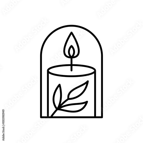 Candle in arch frame with leaves vector line art logo design Elegant Spa Icon. Soothing Light Symbol for Wellness and Relaxation