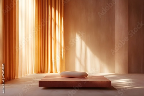 Tranquil 3D studio scene featuring a lone product platform bathed in a warm moody ambiance from raking window light and muted orange hues evoking a mid 20th century aesthetic photo