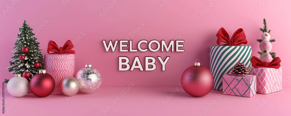 Naklejka premium Winter wonderland baby shower, Christmas ornaments and gifts, 3D illustration