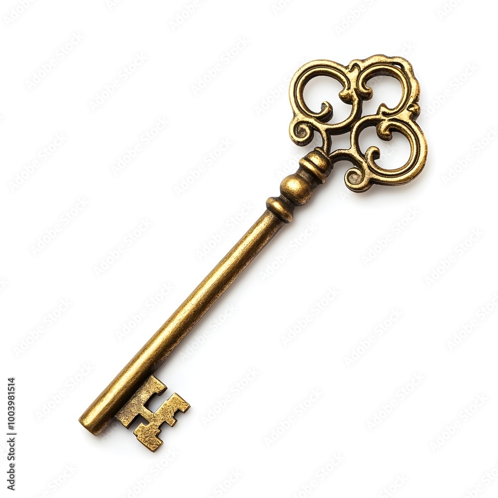 Ornate Brass Key with Intricate Handle Isolated on White Background Ornate Brass Key with Intricate Handle Isolated on White Background