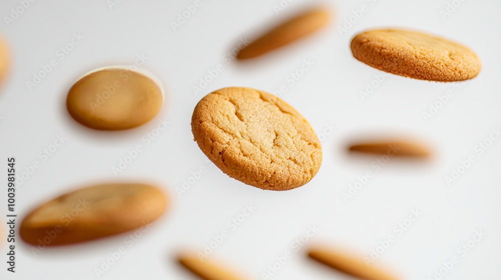 Delicious golden brown cookies float in the air, looking like they're about to be caught. The white background makes them really stand out. Delicious golden brown cookies float in the air, looking like they're about to be caught. The white background makes them really stand out.