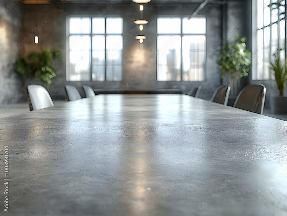 Fototapeta premium Modern conference room with a sleek concrete table and large windows showcasing a city view.