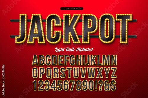 Vector Light Bulb Alphabet with Gold Frame and Shadow on Red Background. Glowing Retro Font Collection with Shiny Bright Lights. ABC and Number Design for Casino, Night Club or Cinema. Layered