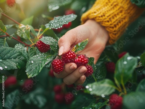 Close-up of a hand picking ripe, red raspberries from a bush, with a knitted yellow sweater in the background. photo