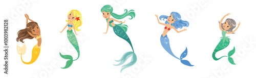 Cute Girl Mermaid Character with Female Body and Fish Tail Vector Set