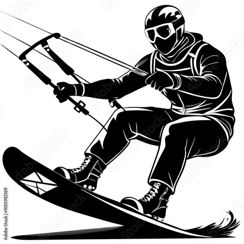 Snow Kiting Silhouette: Dynamic vector illustration of a snow kiter soaring across the snowy landscape, capturing the thrill and energy of the extreme sport.