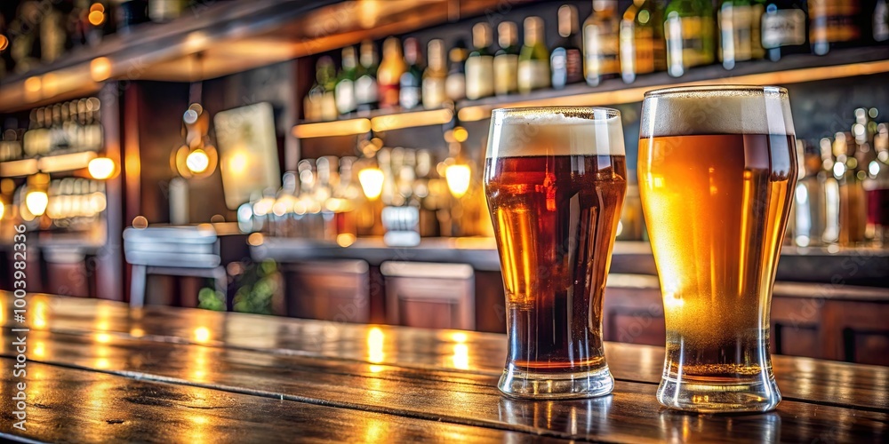 Two Glasses of Beer on a Bar Counter with a Blurred Background of Bottles and Lights Two Glasses of Beer on a Bar Counter with a Blurred Background of Bottles and Lights
