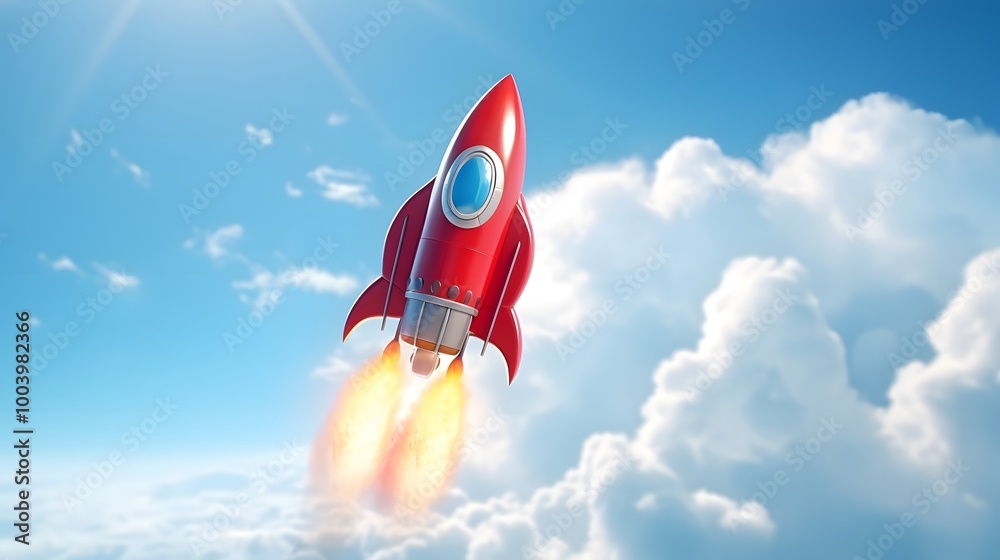 Red Rocket Ship Ascending Through Clouds Red Rocket Ship Ascending Through Clouds