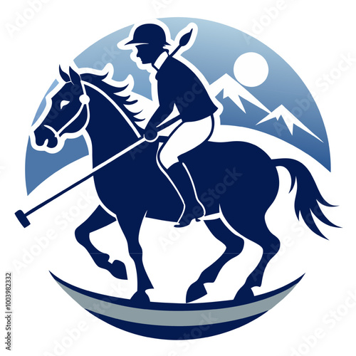 Polo Player Silhouette in Mountain Landscape: A bold and dynamic silhouette of a polo player on horseback against a majestic mountain backdrop, evoking a sense of speed, skill, and adventure.  