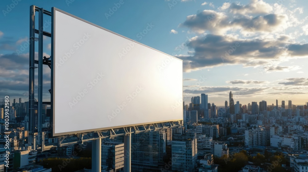 Empty Billboard Against City Skyline at Dusk