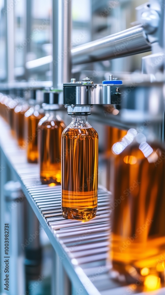 Production line of amber glass bottles filled with liquid at a manufacturing facility during daytime Production line of amber glass bottles filled with liquid at a manufacturing facility during daytime