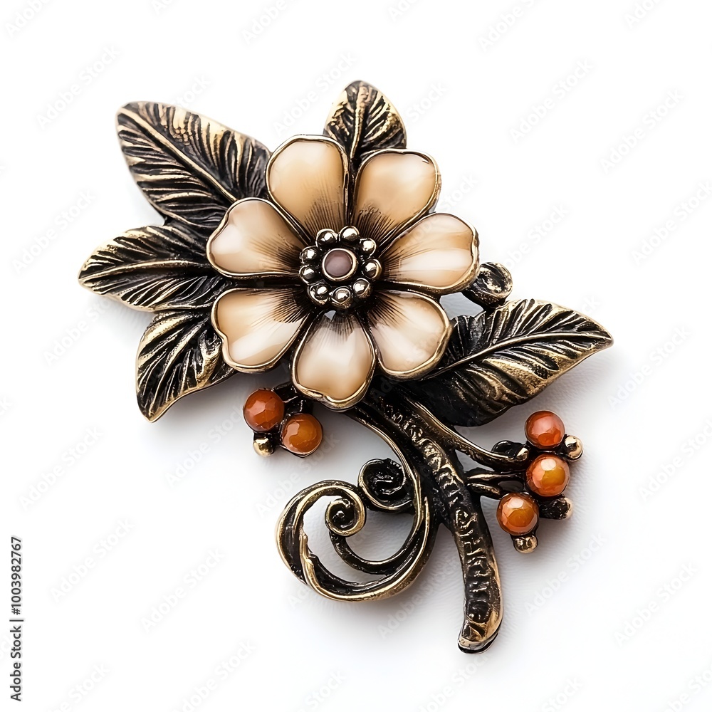 Naklejka premium Vintage Floral Brooch with Intricate Metalwork Design on White Background