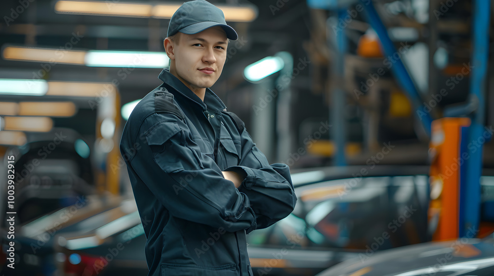 Fototapeta premium A male mechanic or car service repairman. Neural network AI generated art