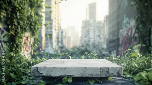 A stone podium placed in an overgrown urban environment with vines and plants taking over a decaying building, suitable for eco or urban-themed content