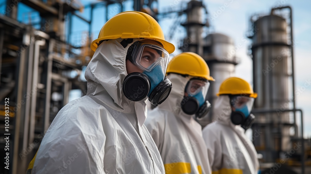 Workers in protective gear observe industrial operations at a chemical plant during daylight Workers in protective gear observe industrial operations at a chemical plant during daylight