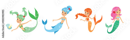 Cute Girl Mermaid Character with Female Body and Fish Tail Vector Set