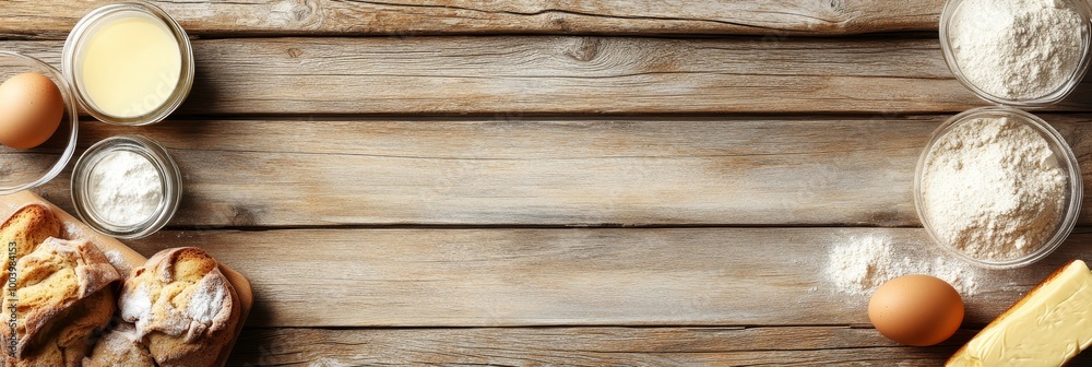 Baking Ingredients for Delicious Pastry on Rustic Wooden Background. Top View, Copy Space. Baking Ingredients for Delicious Pastry on Rustic Wooden Background. Top View, Copy Space.