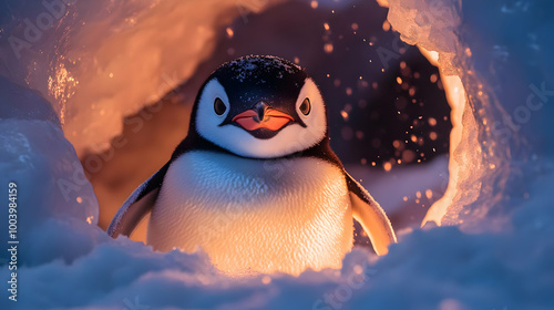 A penguin standing proudly in a snowy environment, showcasing its unique features and charm, illuminated by a soft glow. photo