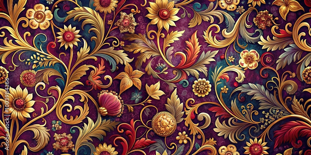 A Rich Tapestry of Gold and Burgundy Floral Motifs, Embellished with Intricate Detailing and a Touch of Opulence