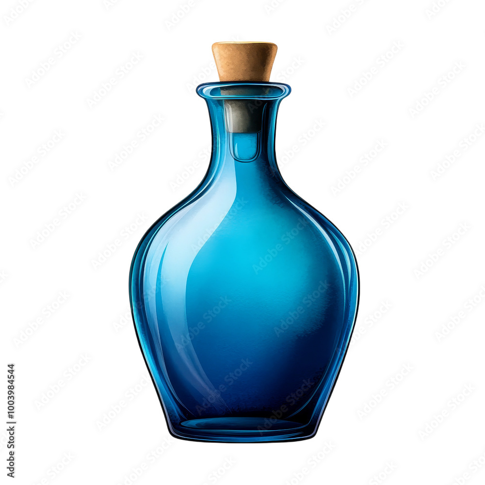 Blue glass bottle with a narrow neck, laboratory flask element, watercolor illustration, cool blue hues, isolated on white background. Blue glass bottle with a narrow neck, laboratory flask element, watercolor illustration, cool blue hues, isolated on white background.