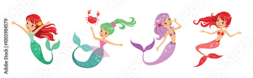 Cute Girl Mermaid Character with Female Body and Fish Tail Vector Set