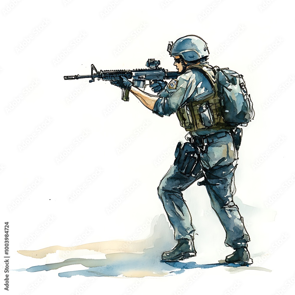 Watercolor Illustration of a Soldier Aiming a Rifle. Watercolor Illustration of a Soldier Aiming a Rifle.