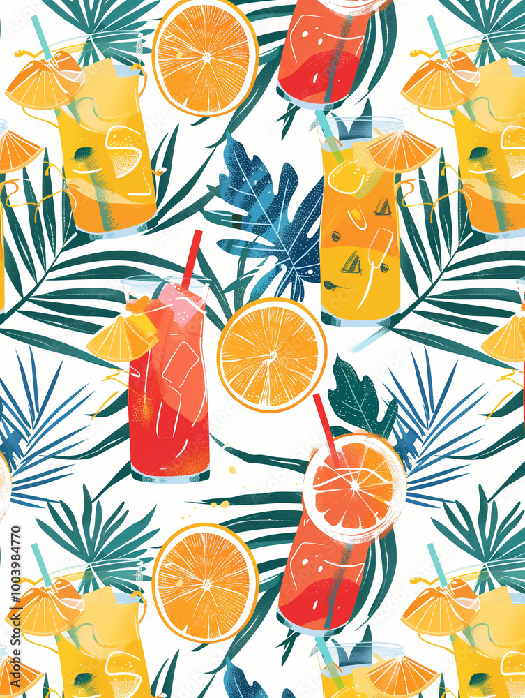 A colorful pattern of drinks and fruit, including a pineapple, a strawberry A colorful pattern of drinks and fruit, including a pineapple, a strawberry