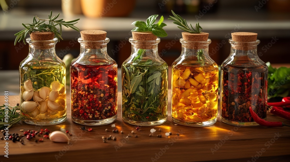 A collection of colorful cooking oils in glass bottles with herbs and spices visible inside A collection of colorful cooking oils in glass bottles with herbs and spices visible inside