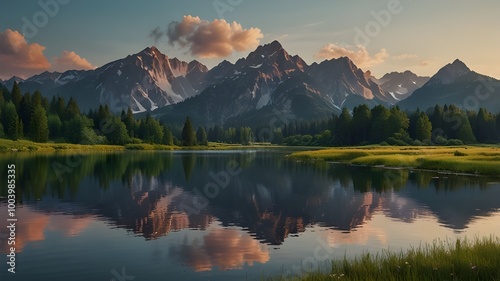 Majestic mountain range reflects tranquil meadow in summer beauty generated by AI Generative AI