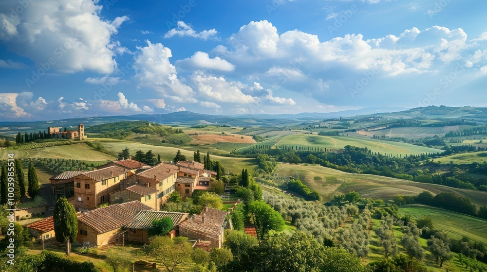 Obraz premium Countryside Village: A European village surrounded by rolling countryside hills