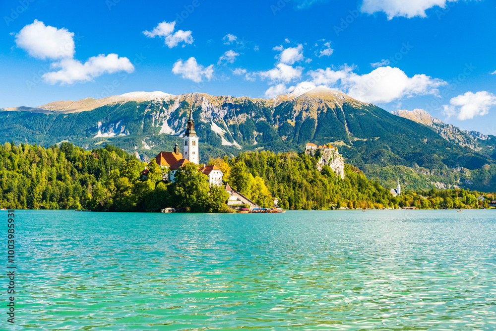 Bled lake in Slovenia in autumn, amazing landscape