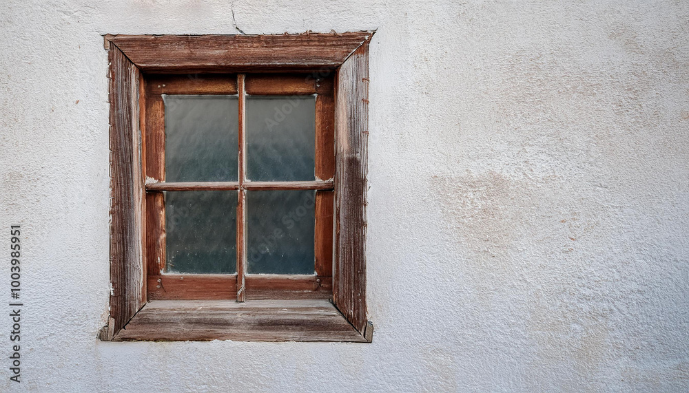 Window with weathered wooden frame, rough white cement wall. Natural wood. Building exterior. Window with weathered wooden frame, rough white cement wall. Natural wood. Building exterior.