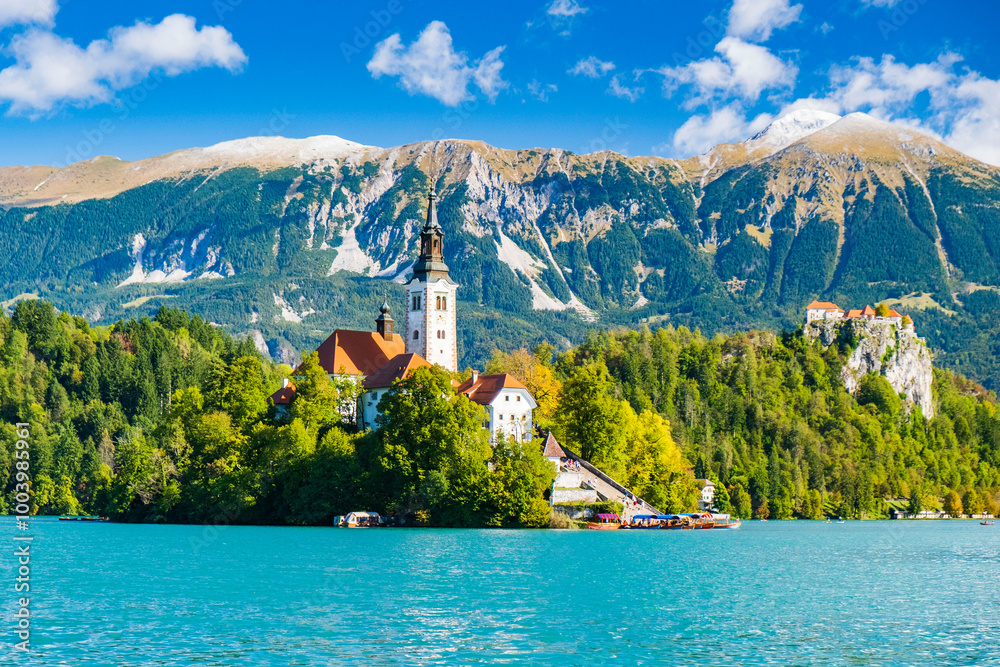 Bled lake in Slovenia in autumn, amazing landscape