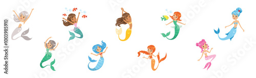 Cute Girl Mermaid Character with Female Body and Fish Tail Vector Set