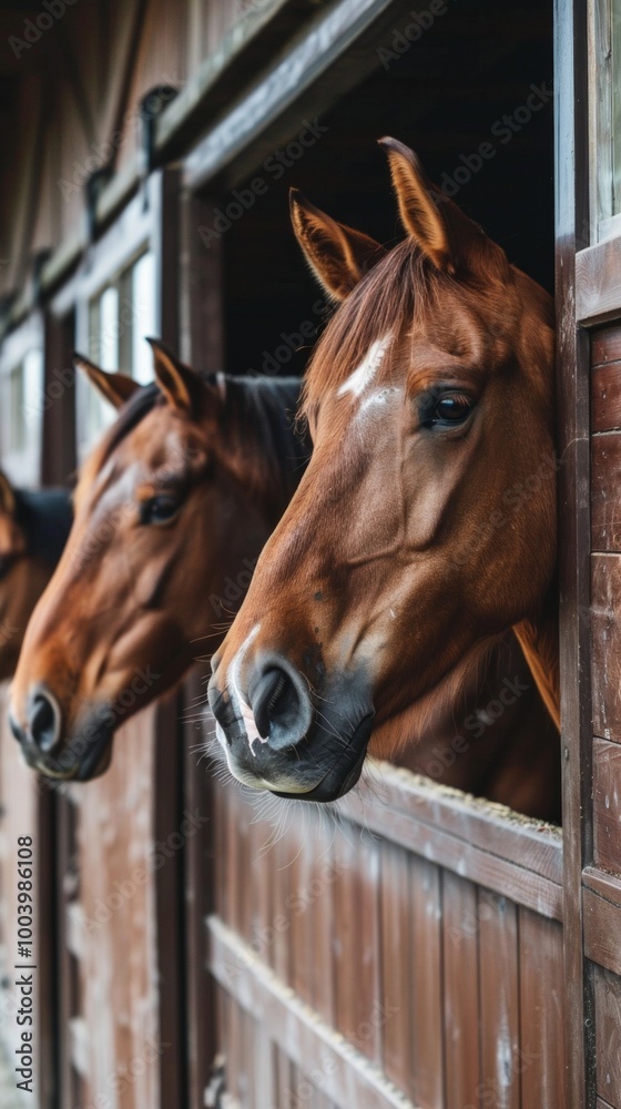Fototapeta premium Image of two brown horses in a wooden stable, one serious and one playful, with white stars on foreheads. Serene atmosphere, warm sunlight.
