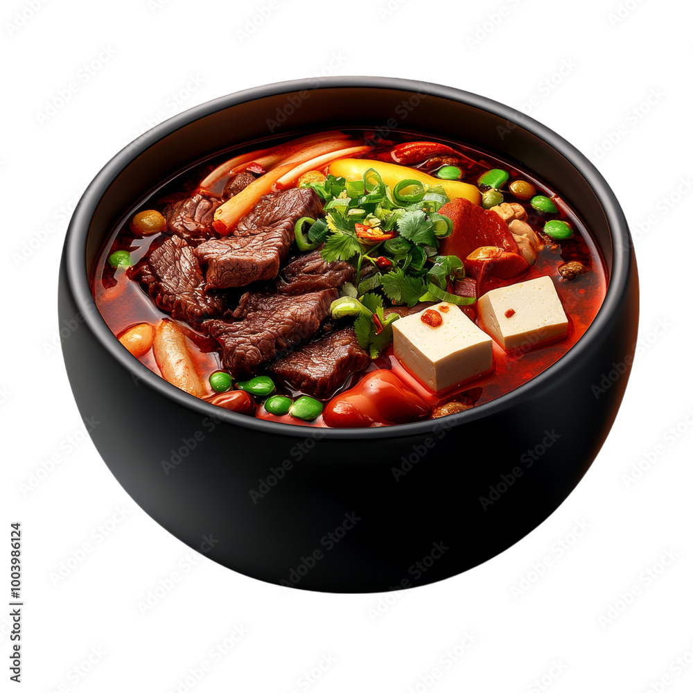Hot pot with spicy chili broth, tofu, and sliced beef, Sichuan style, photorealistic, vivid reds and browns, isolated on white background. Hot pot with spicy chili broth, tofu, and sliced beef, Sichuan style, photorealistic, vivid reds and browns, isolated on white background.